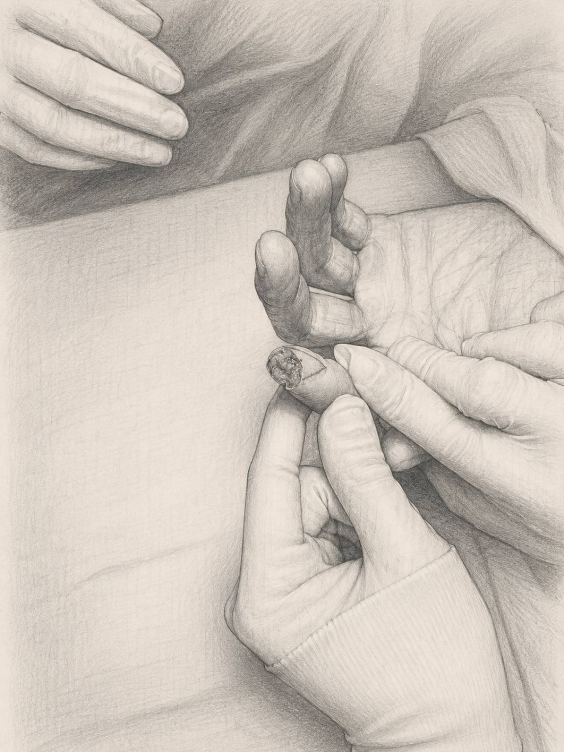 De-identified preoperative medical sketch of fingertip soft-tissue loss after a machine cutting injury