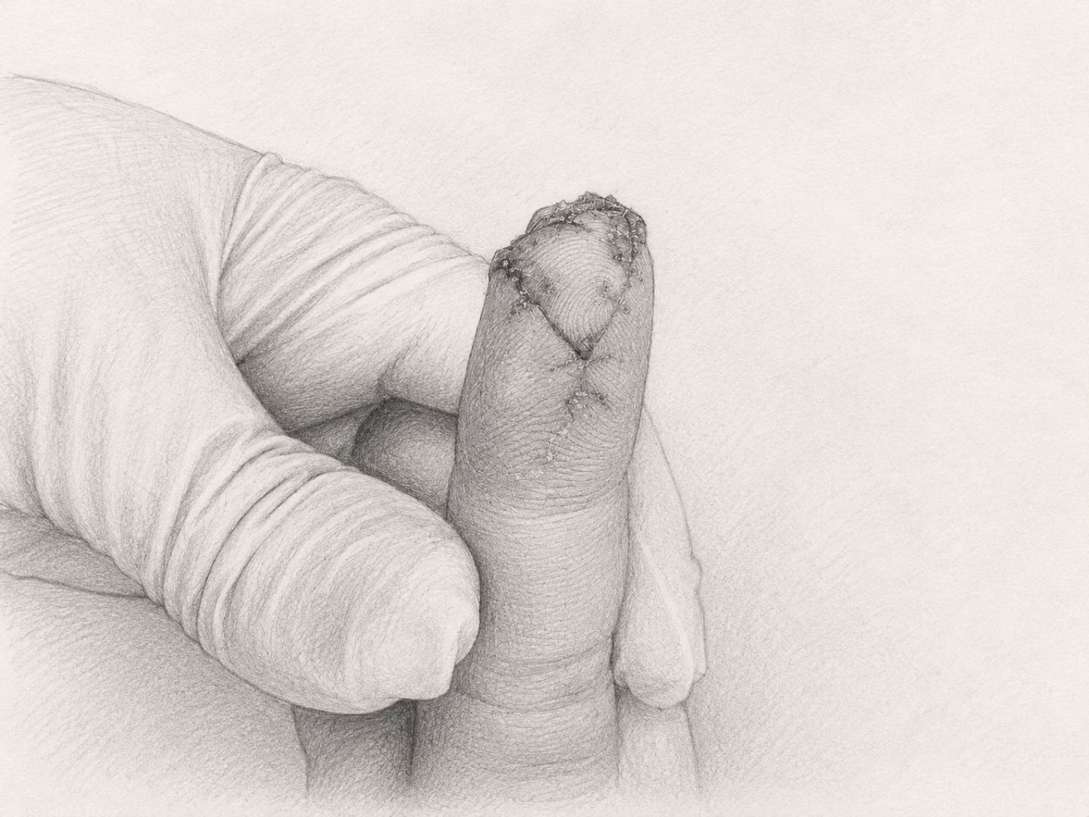 De-identified medical sketch after V-Y advancement flap coverage of fingertip tissue loss
