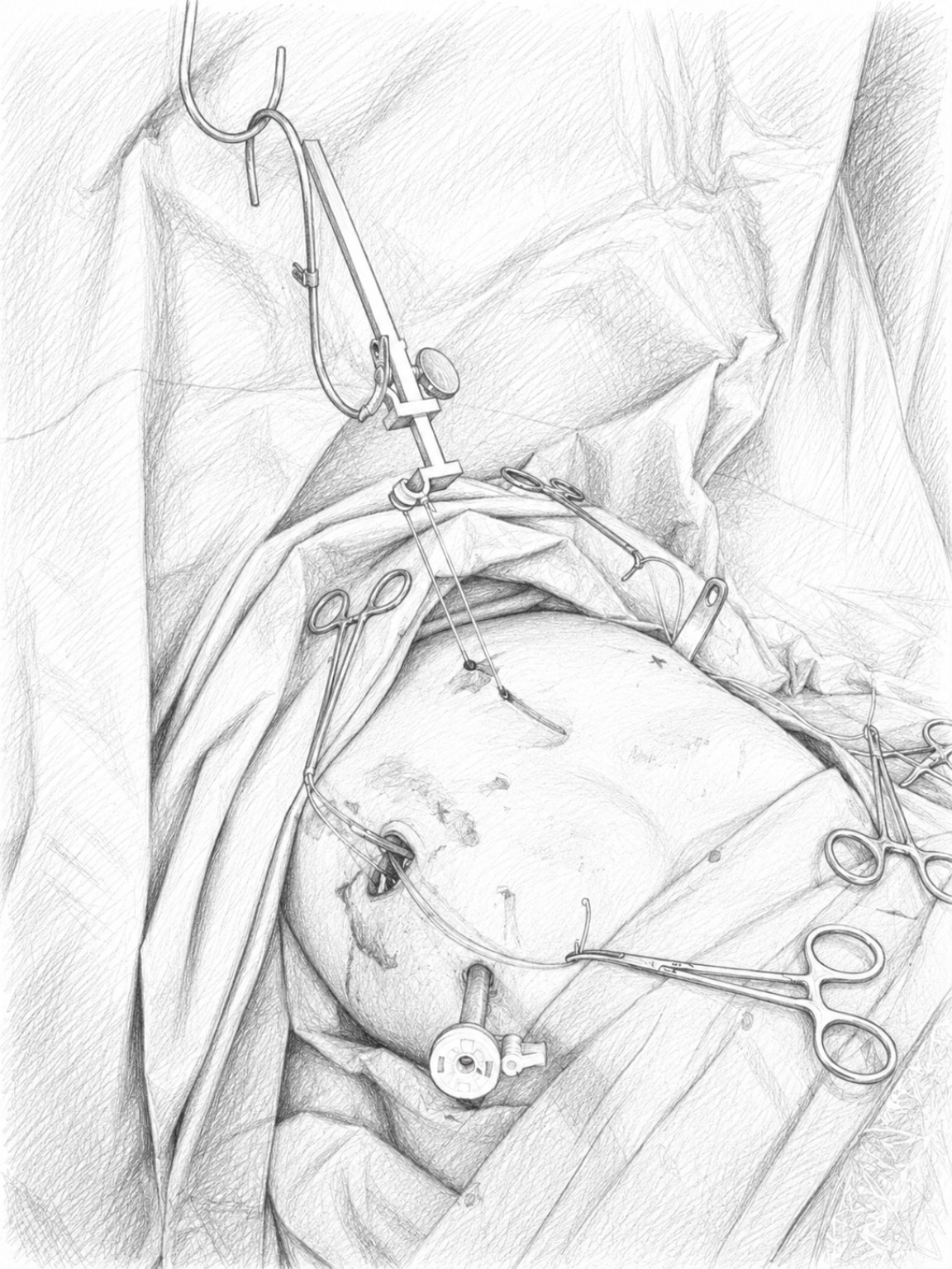 Medical sketch during thoracoscopy-assisted Nuss repair in this case, showing the thoracoscope and guiding instruments