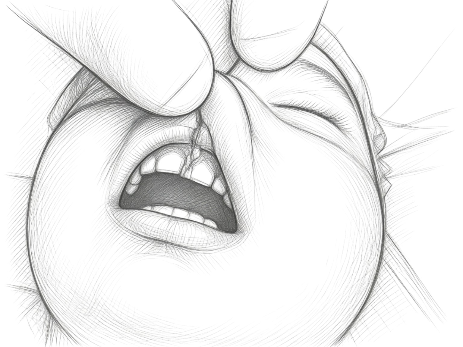 Medical sketch of a child’s upper lip frenulum extending toward the area between the upper central incisors